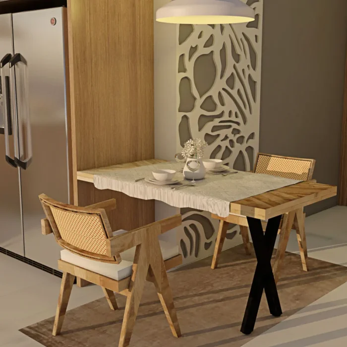 Salón cálido con mesa y sillas de madera y pata de mesa en x