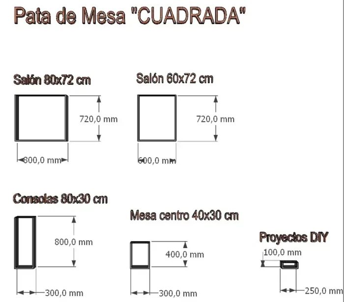 Pata de mesa CUADRADA metálica negra en 5 medidas para mesas de salón, centro, consolas y proyectos DIY