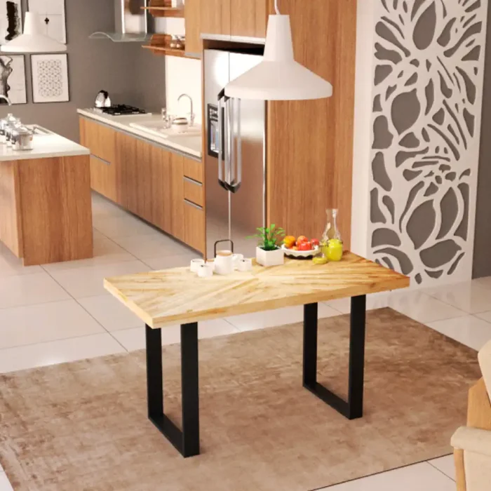 patas cuadradas de 72x80 cm montadas con tablero Aura Top en salón y cocina cálido