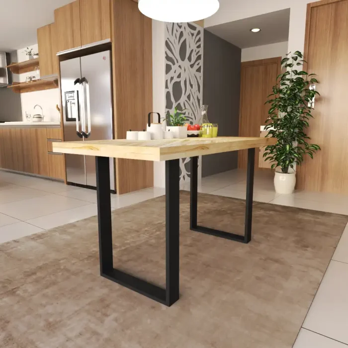 patas cuadradas de 72x80 cm montadas con tablero Aura Top en salón y cocina cálido