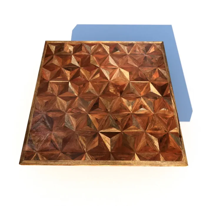 sobre de madera Ches Top en maderas recicladas unidas geometricamente de 100 x 100 cm