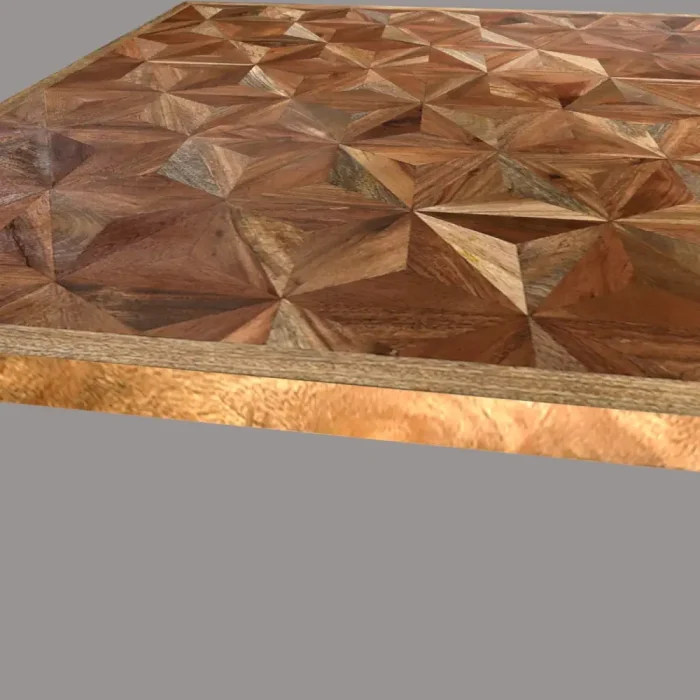 sobre de madera Ches Top en maderas recicladas unidas geometricamente de 100 x 100 cm