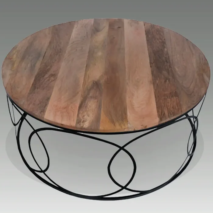 mesa circular de 100 cm de diámetro de centro Circus con tapa en madera de mango macizo y estructuraen metal negro