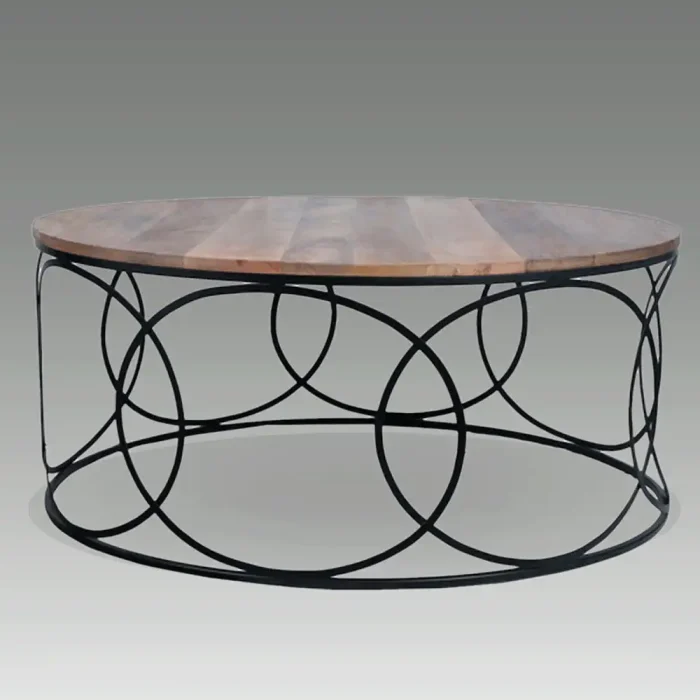 mesa circular de 100 cm de diámetro de centro Circus con tapa en madera de mango macizo y estructuraen metal negro