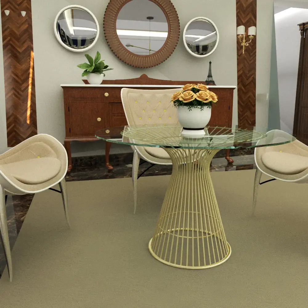 Mesa de salón Naras de metal y cristal en salón cálido