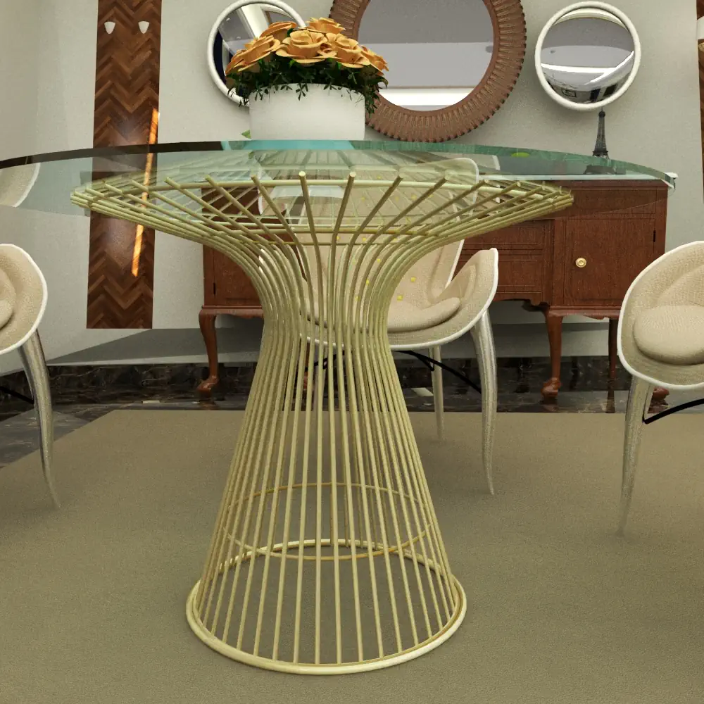 Mesa de salón Naras de metal y cristal en salón cálido