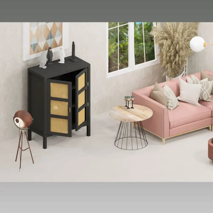 Aparador Cross BL en madera de Mango maciza y ratán acabado en negro en salón moderno y luminoso