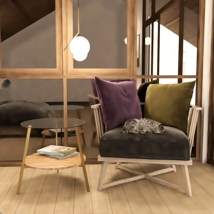 Mesa auxiliar MIA en madera de mango metal dorado y sobre de cristal en habitación cálida con gato durmiendo