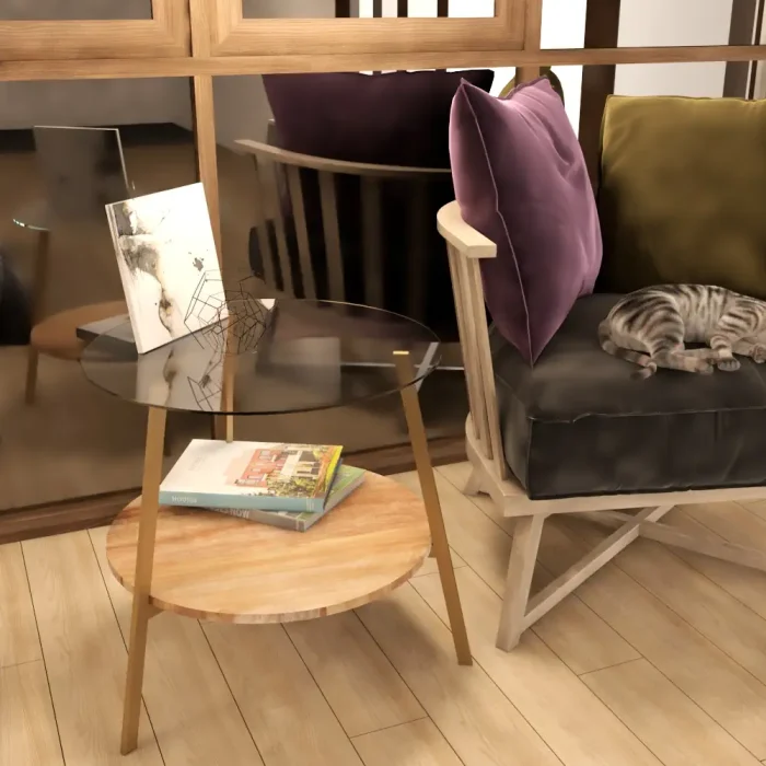 Mesa auxiliar MIA en madera de mango metal dorado y sobre de cristal en habitación cálida con gato durmiendo