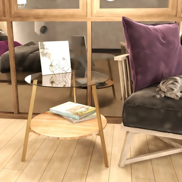 Mesa auxiliar MIA en madera de mango metal dorado y sobre de cristal en habitación cálida con gato durmiendo