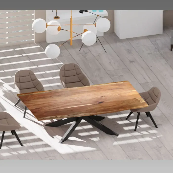 imagen de salón con mesa de madera de acacia modelo Akis y patas en X en metal negro de Ardonza
