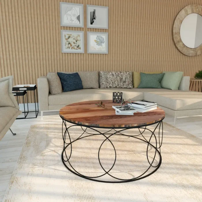 mesa de centro circular circus en metal negro y madera de mango maciza y metal negro 100x54 cm en salón luminoso