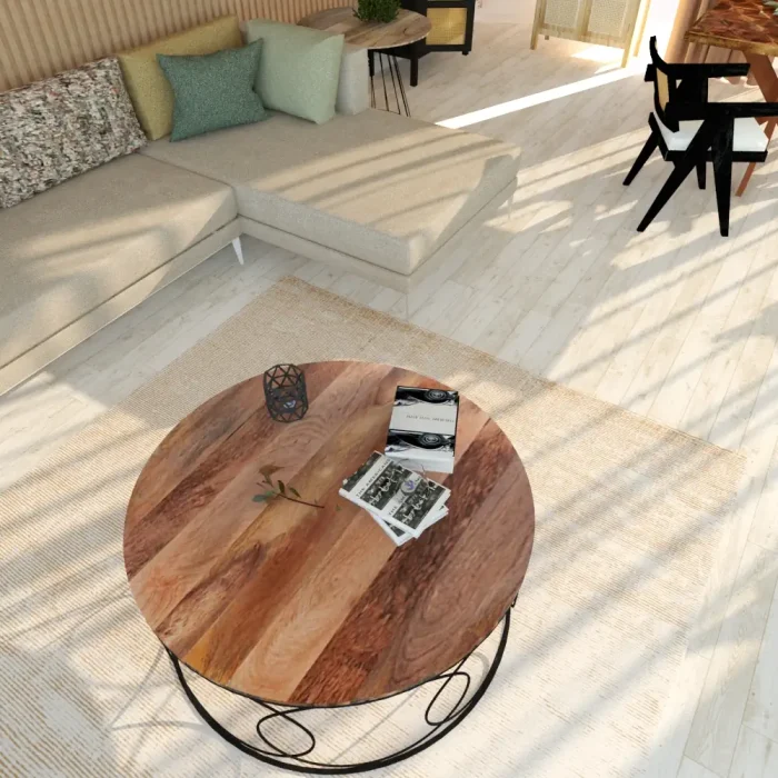 mesa de centro circular circus en metal negro y madera de mango maciza y metal negro 100x54 cm en salón luminoso