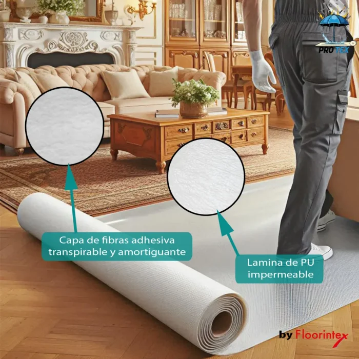 protector de suelo con capa textil amortiguador , transpirable y capa impermeable de PU