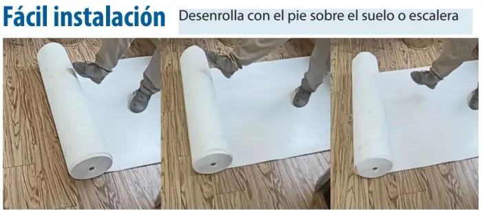 Instalación sencilla del rollo protector de suelo, desenrolla con el pie